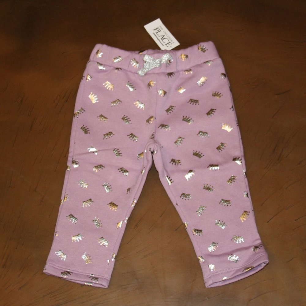 THE CHILDREN'S PLACE Girls 12-18 MO Fleece Joggers Pants Lavender Foil Crown NEW